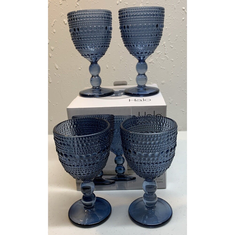 Halo Blue Stemmed Goblets Wine Water Hobnail Set of 4